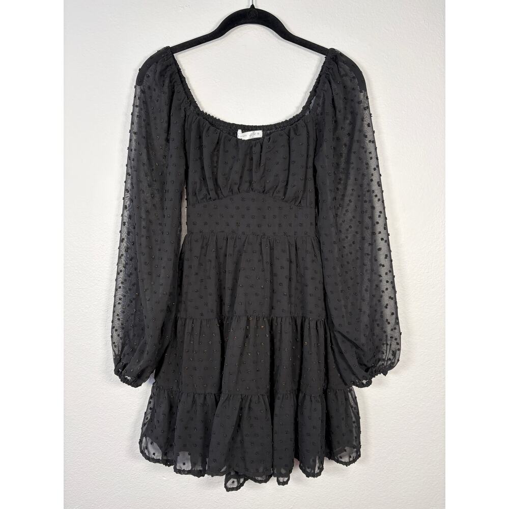 Altar'd State Black Metallic Swiss Dot Long Sleeve Dakota Clip Dot Mini Dress
